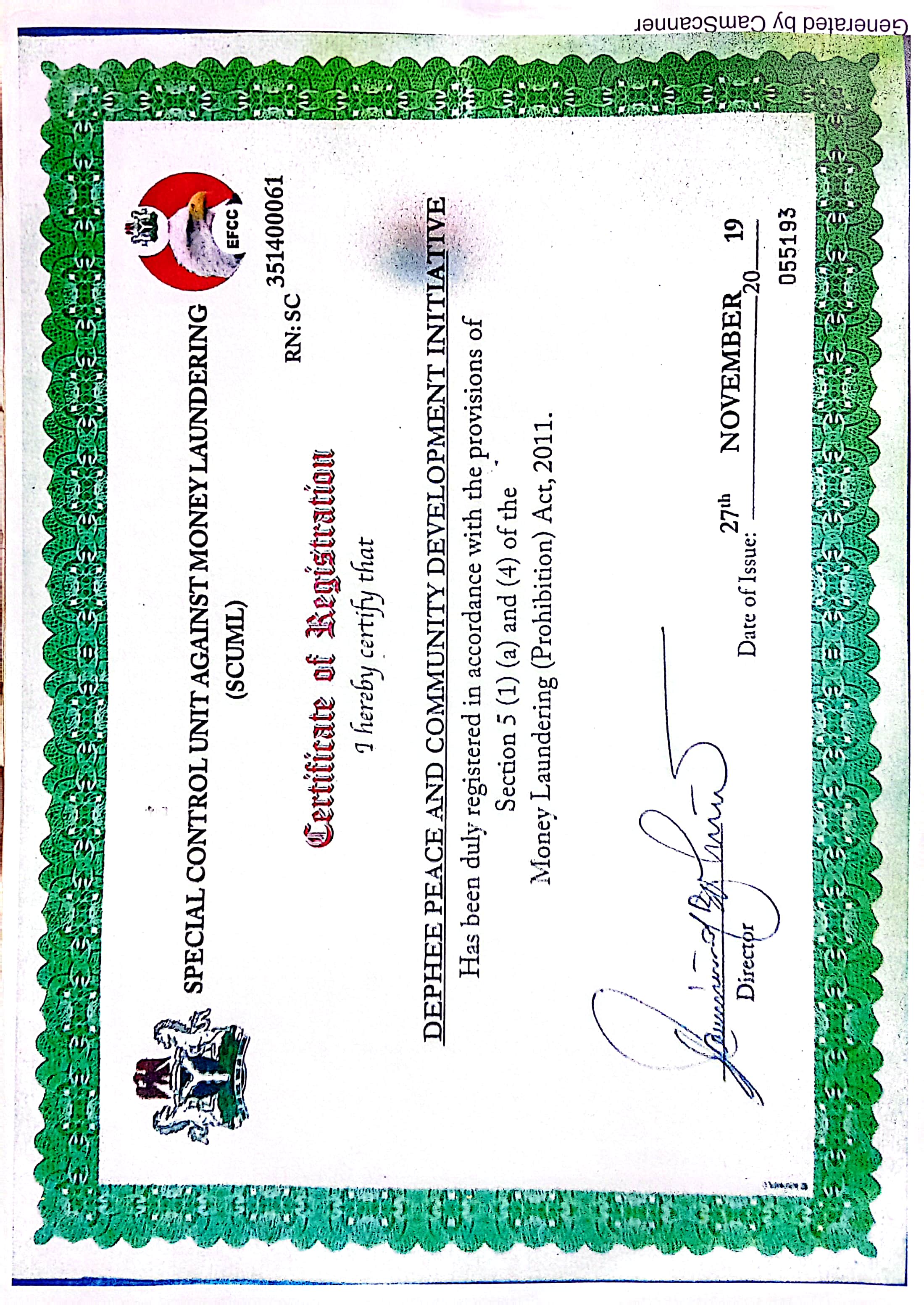 SCUML Registration Certificate